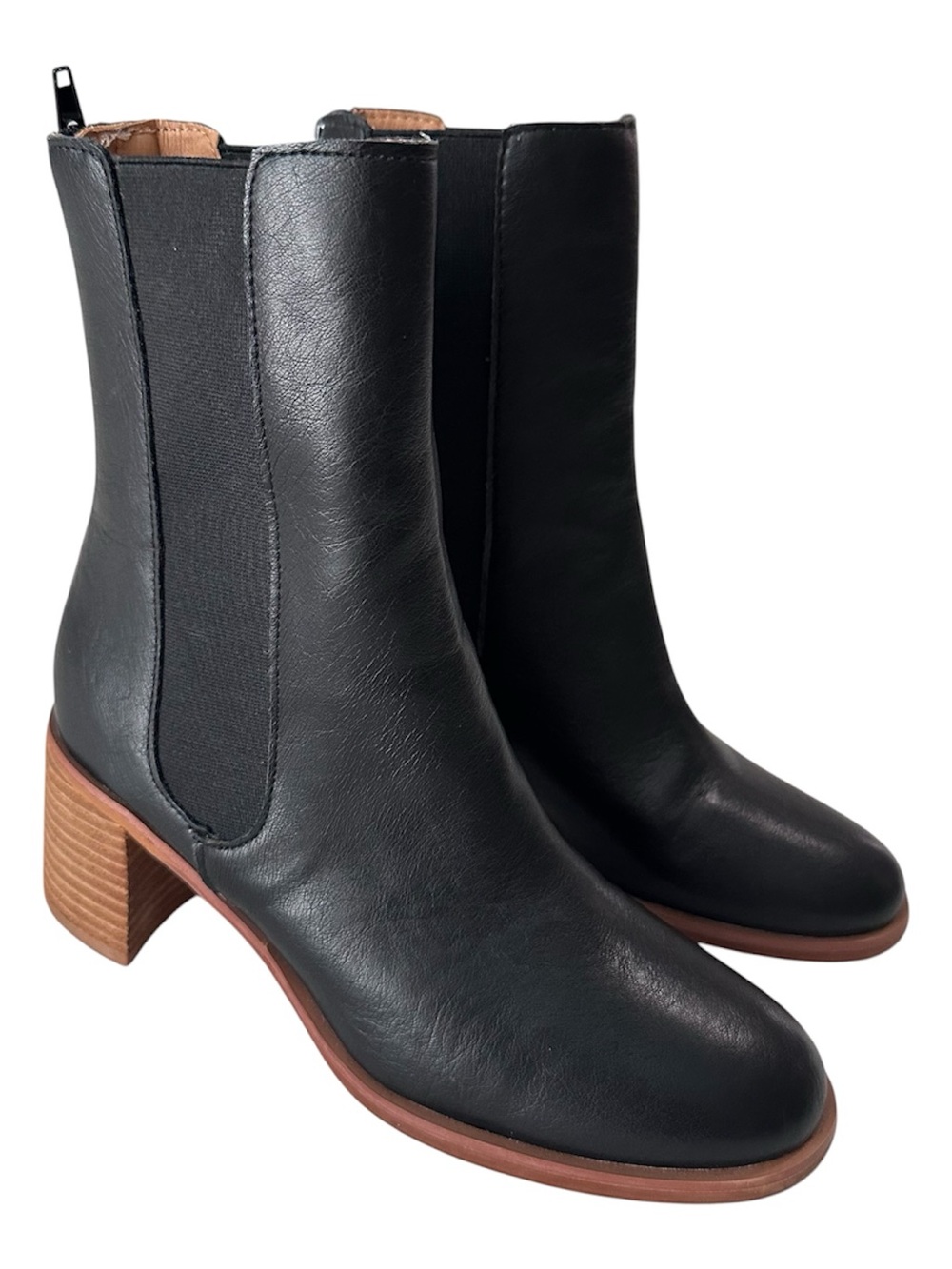 Oasis Society Black Cora Low Ankle Booties Womens 8 Wooden Heel Faux Leather
